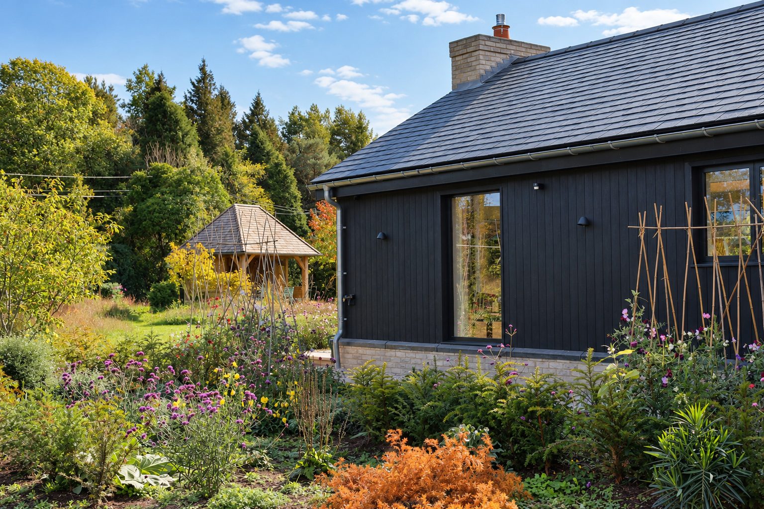 Charred timber-clad house with a slate roof beside a planted garden and an oak gazebo