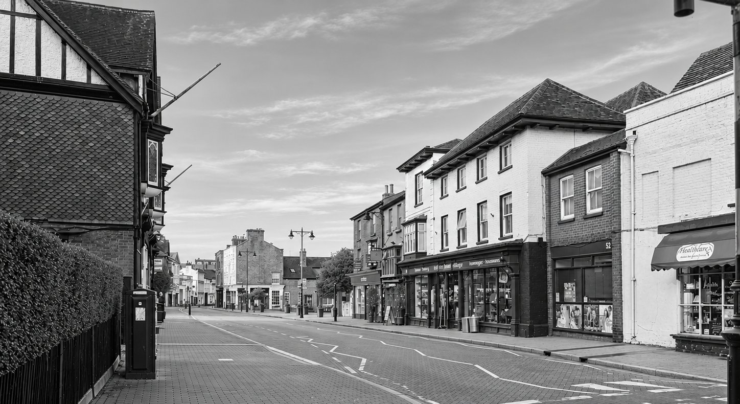 Tring High Street in black and white, with timber-framed buildings and shopfronts