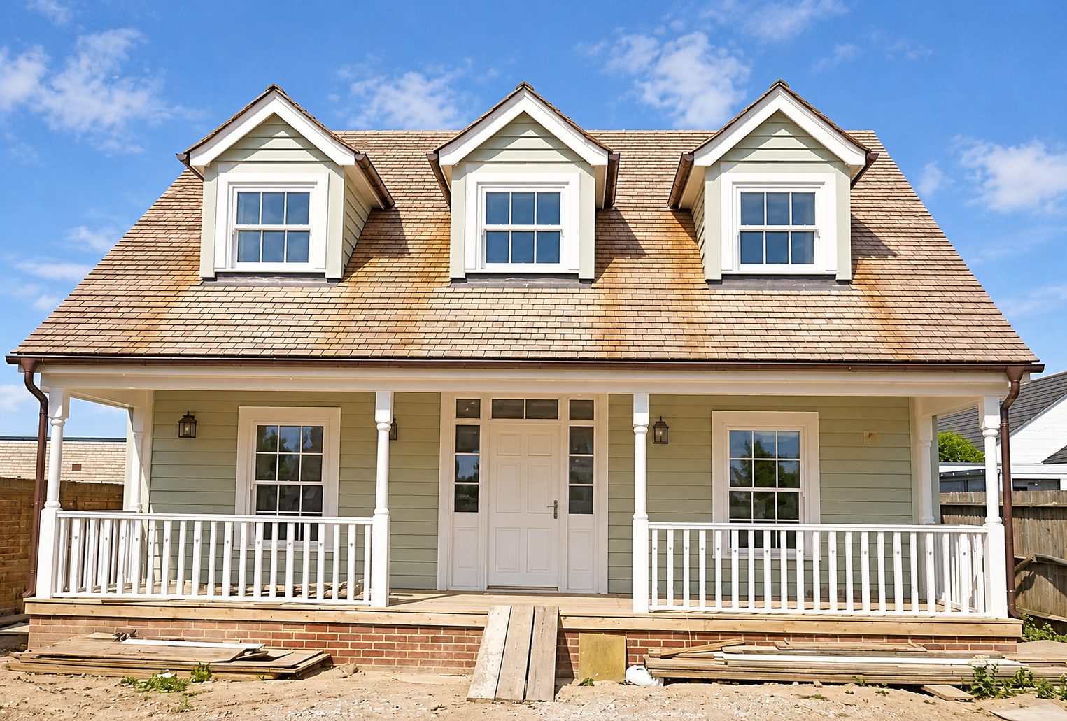 Timber-framed house with three dormers, cedar shingle roof and a white veranda, as featured in Homes By The Sea