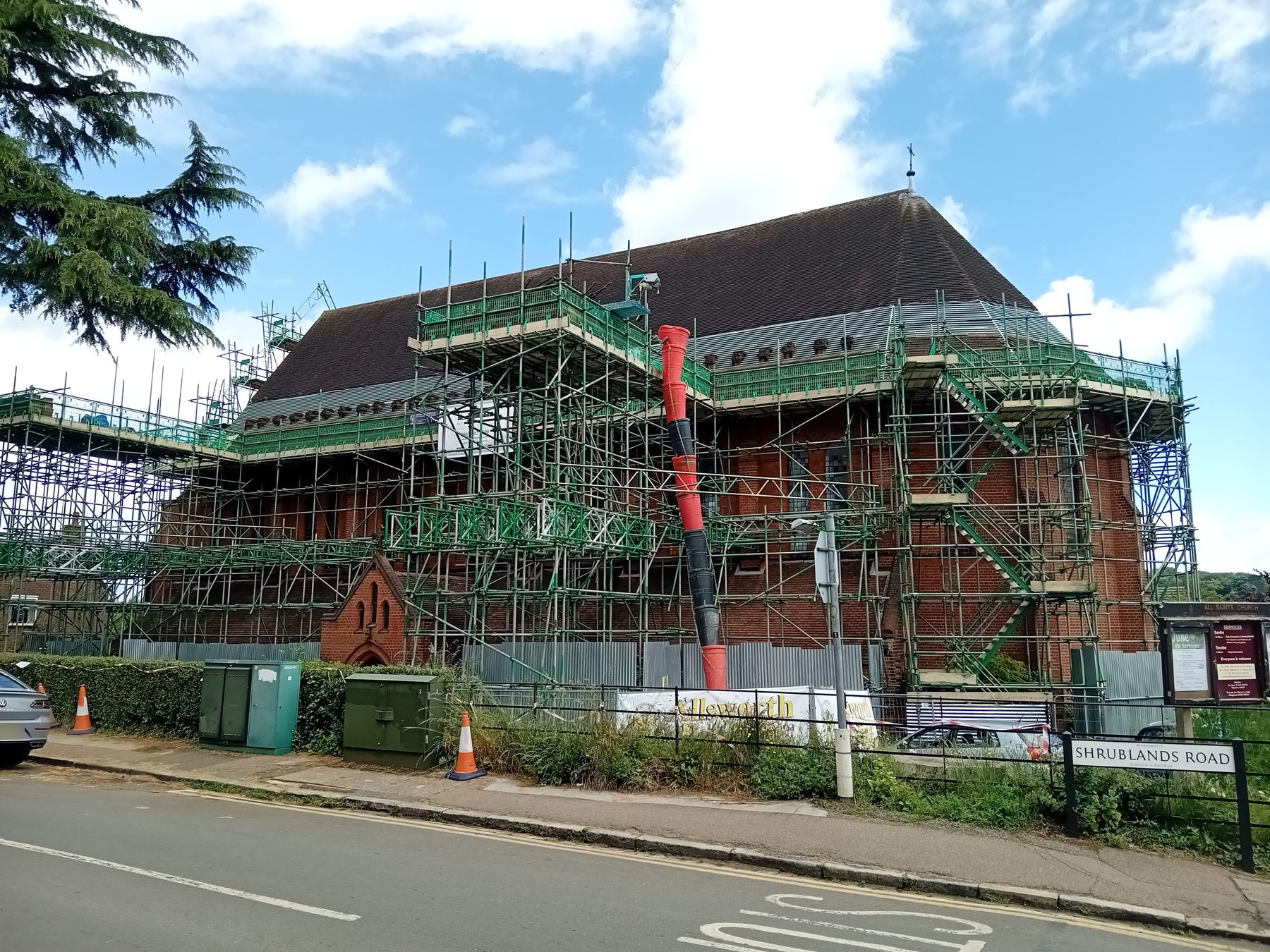 All Saints church in scaffolding during the re-roofing works