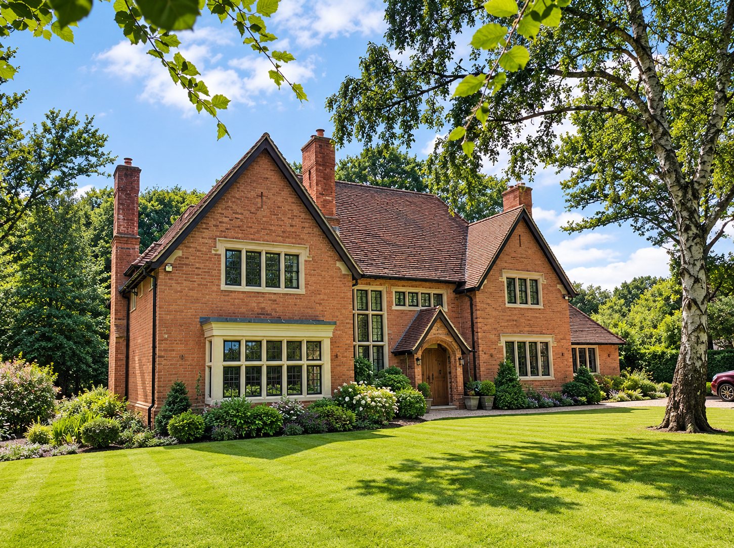 Red brick Arts and Crafts house with stone mullioned windows and an oak door, across a striped lawn
