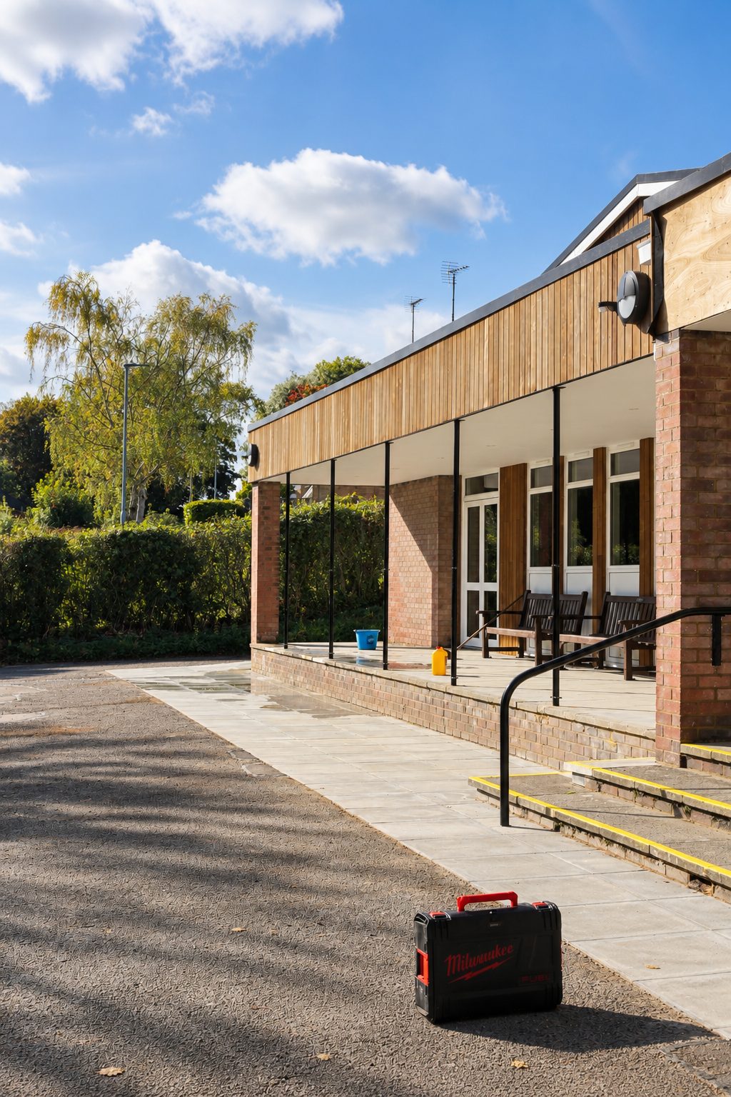 Hall entrance canopy clad in timber, with brick piers and a level approach