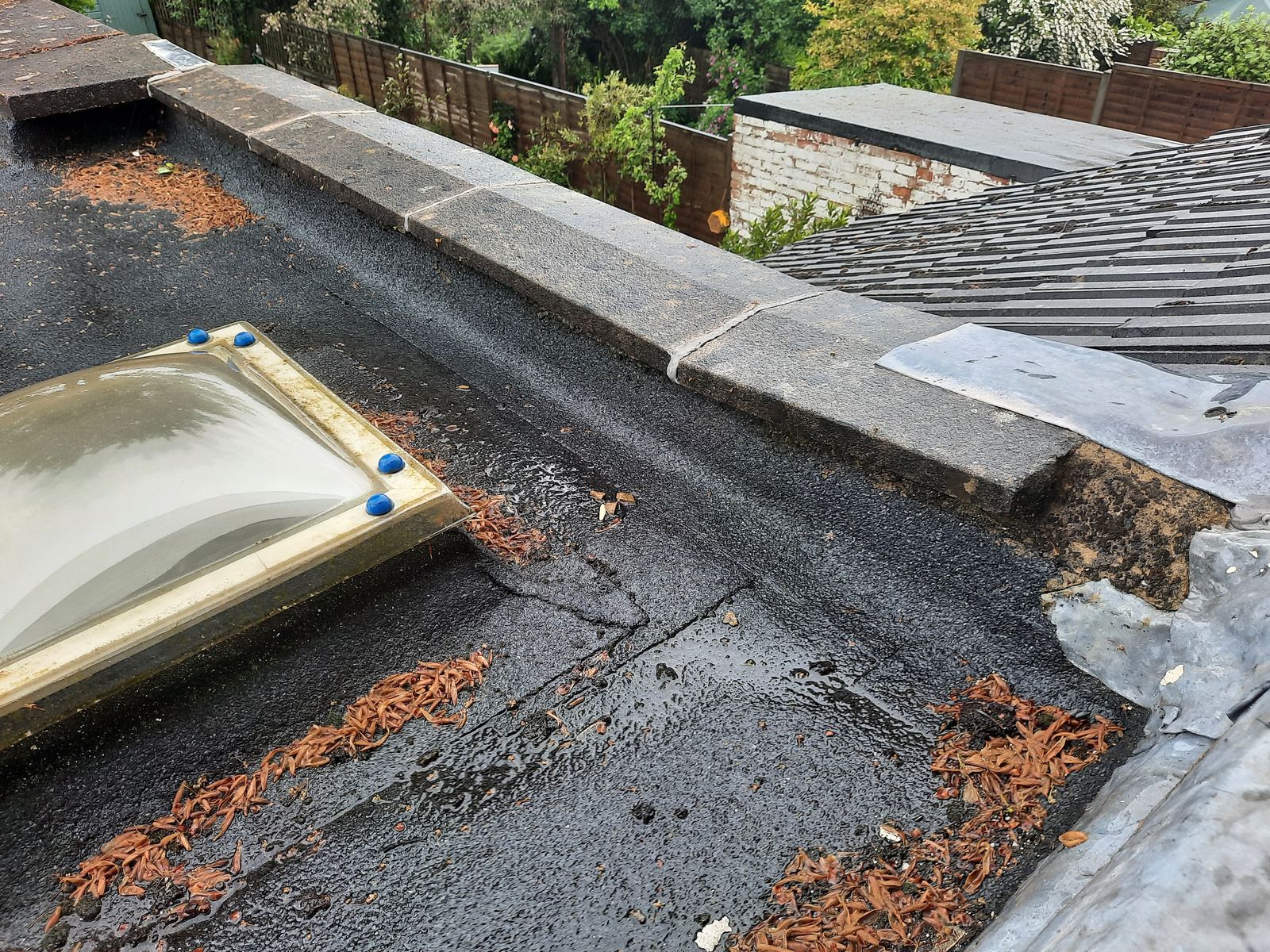 Flat roof with domed roof lights and debris, photo 2 of 3