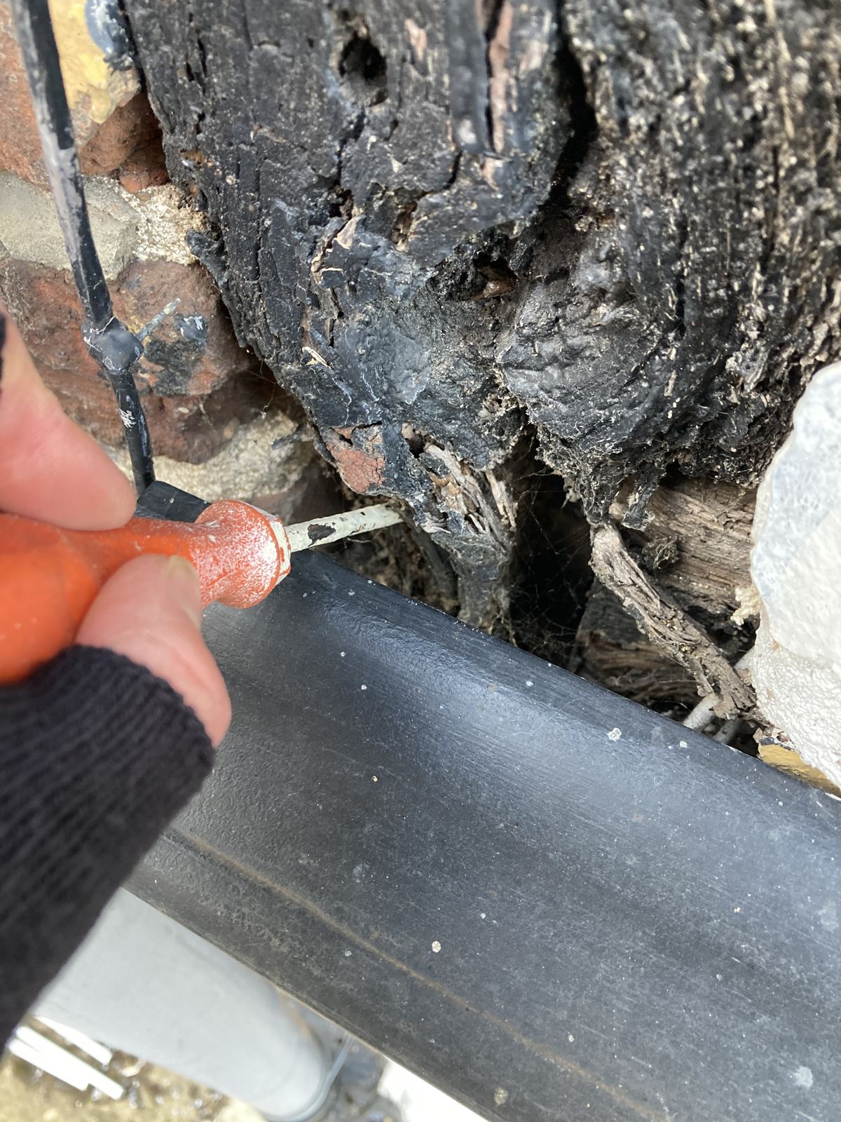 Probing badly decayed timber at the base of a post above the sill, photo 1 of 3
