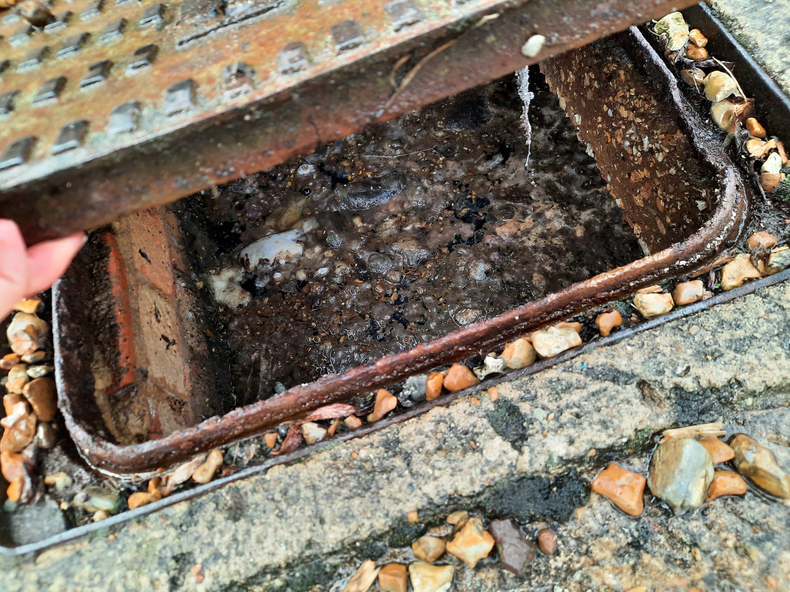 Lifted cast iron gully grate over a silted, blocked drain chamber, photo 4 of 4