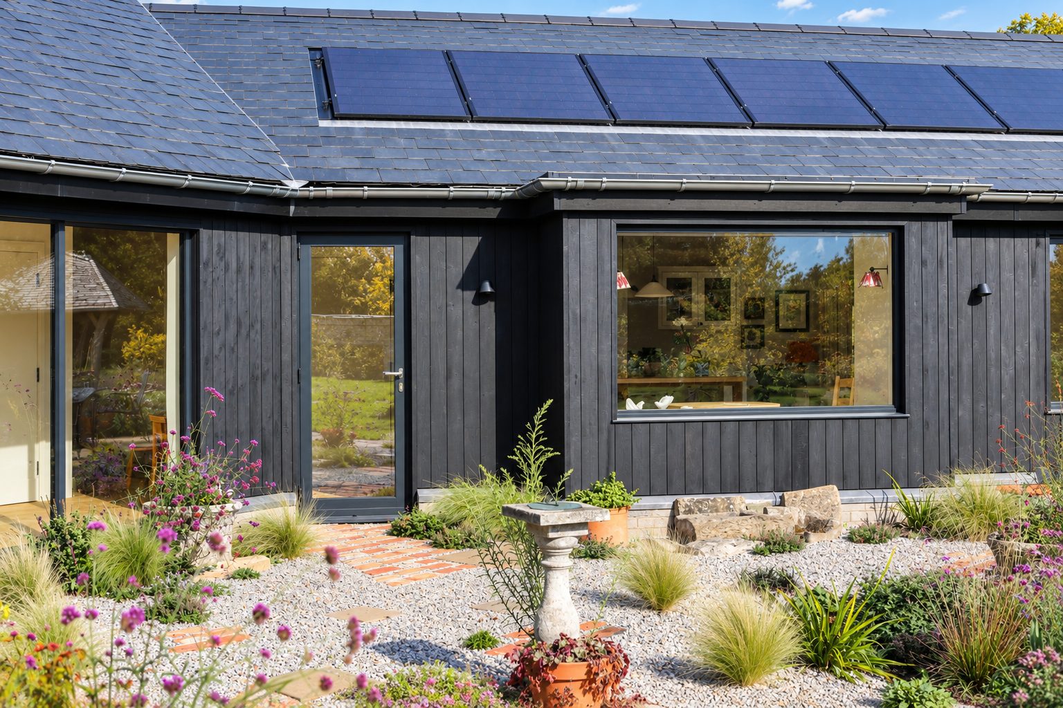 Charred timber-clad house with solar slates, a large picture window and a gravel garden with a sundial