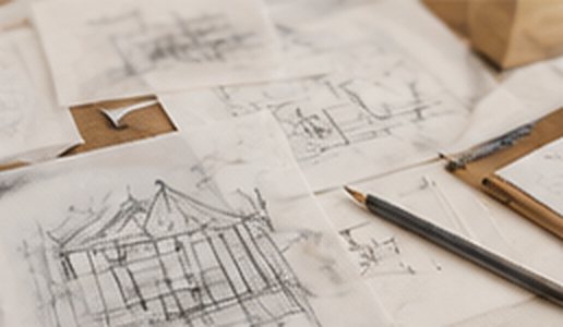 Pencil sketches and drawings on a desk