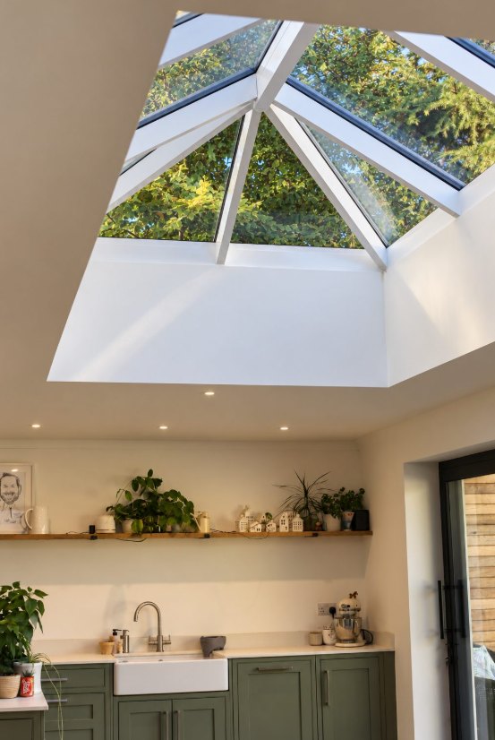 Roof lantern flooding a kitchen with green units with light