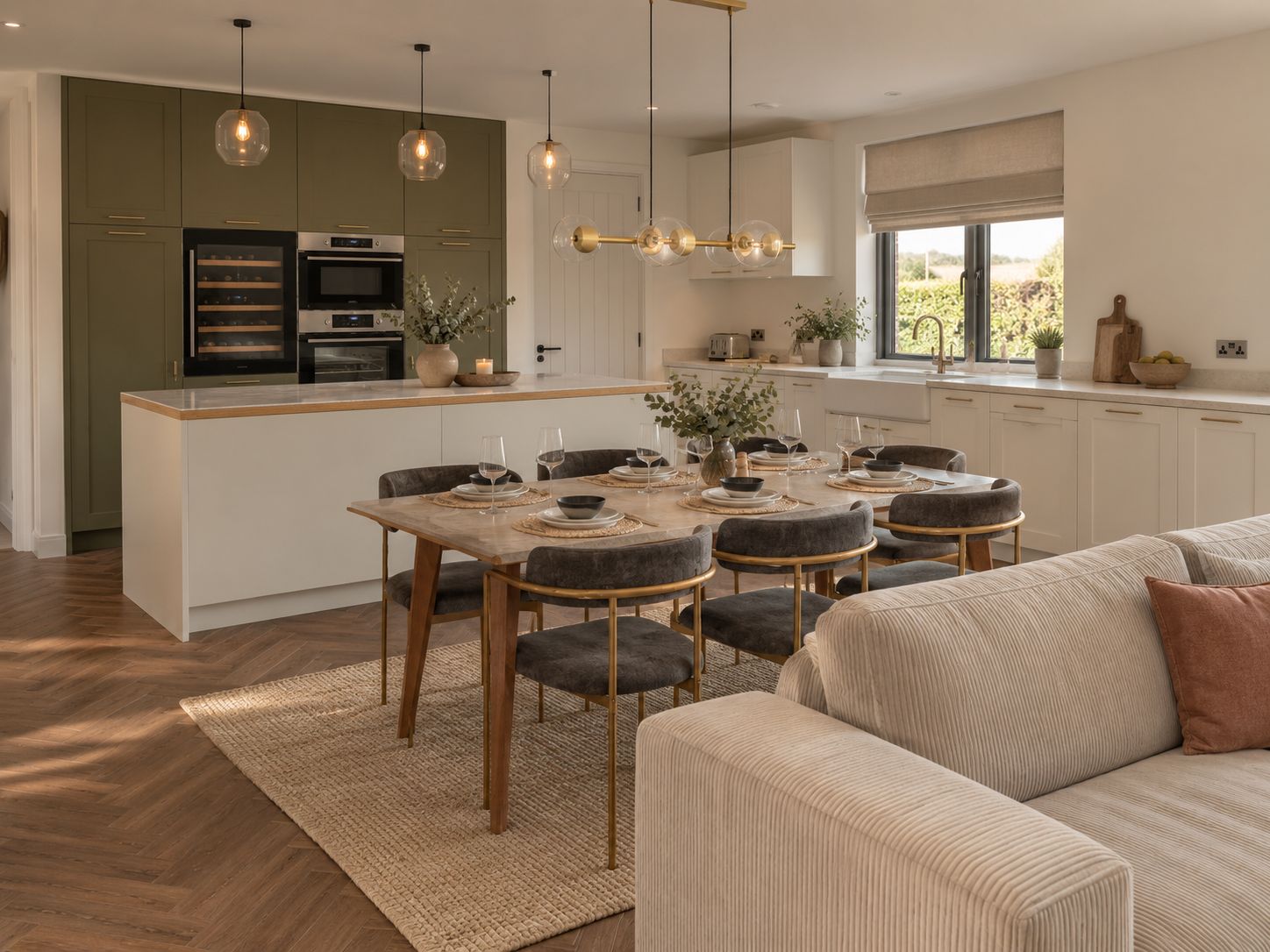 Open-plan kitchen and dining room with green units and herringbone floor, image 1 of 9