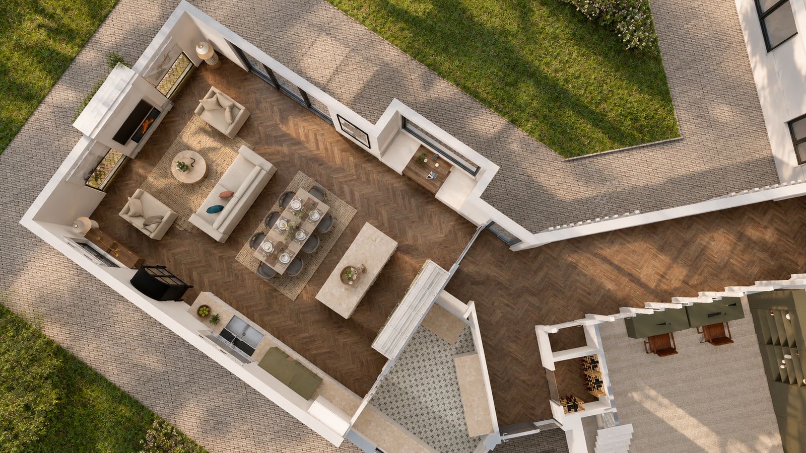 Overhead cutaway of an open-plan living, dining and kitchen space, image 2 of 9