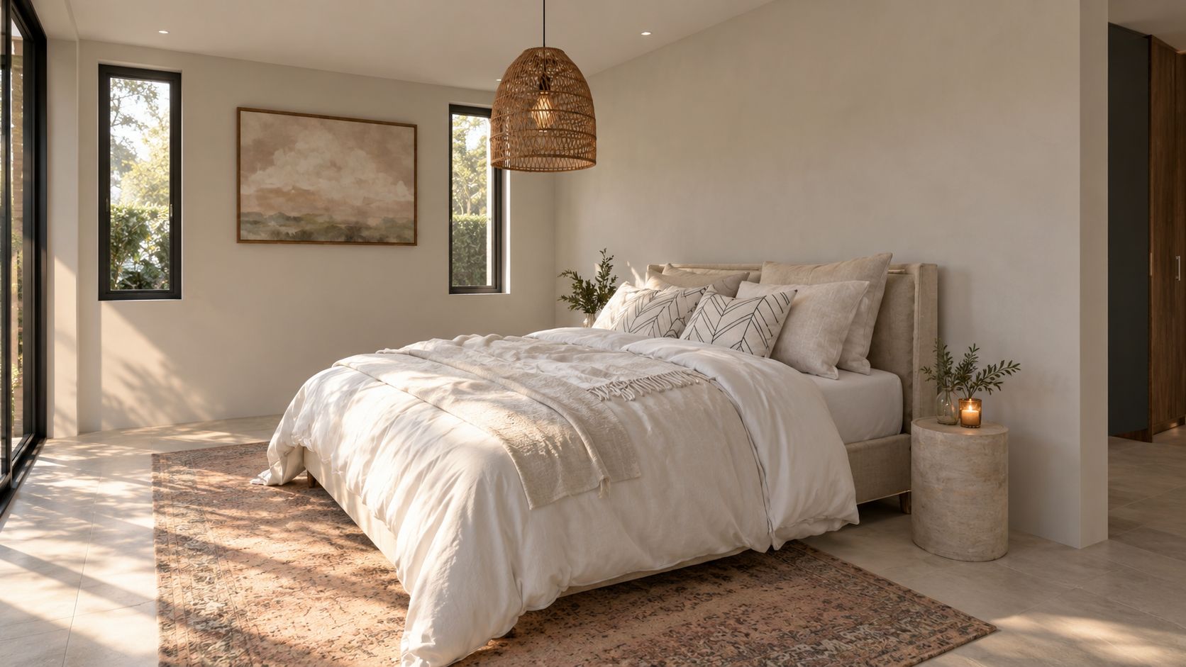 Bedroom with a rattan pendant, linen bedding and a patterned rug, image 4 of 9