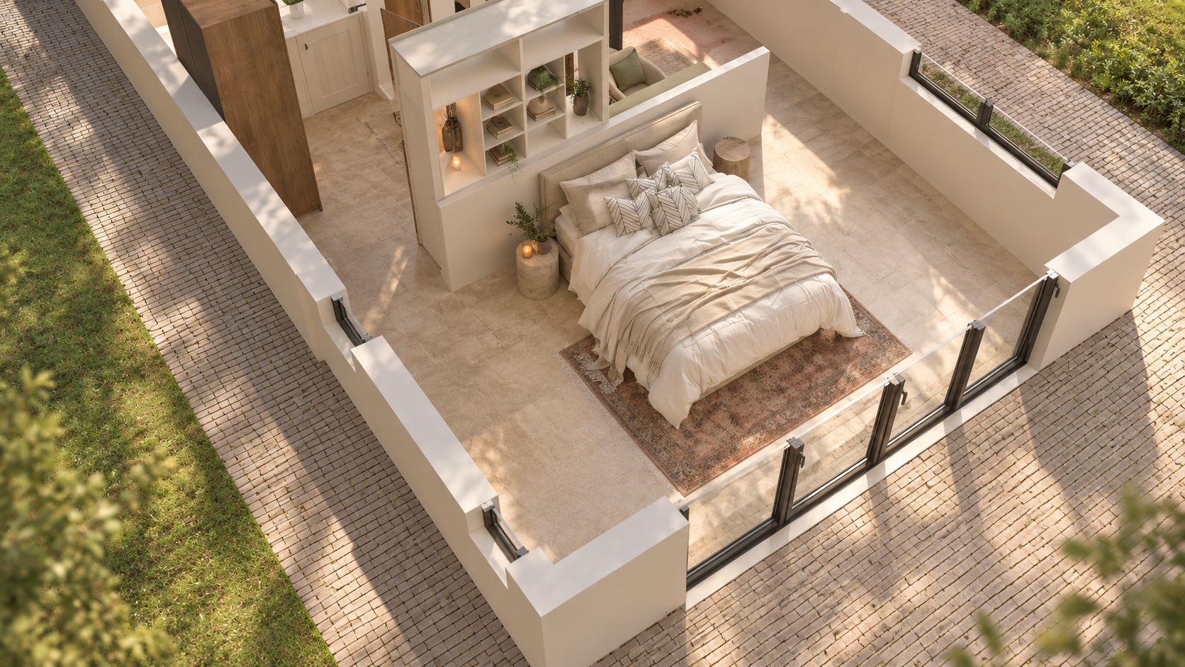 Overhead cutaway of a bedroom with a shelving divider and glazed doors, image 5 of 9