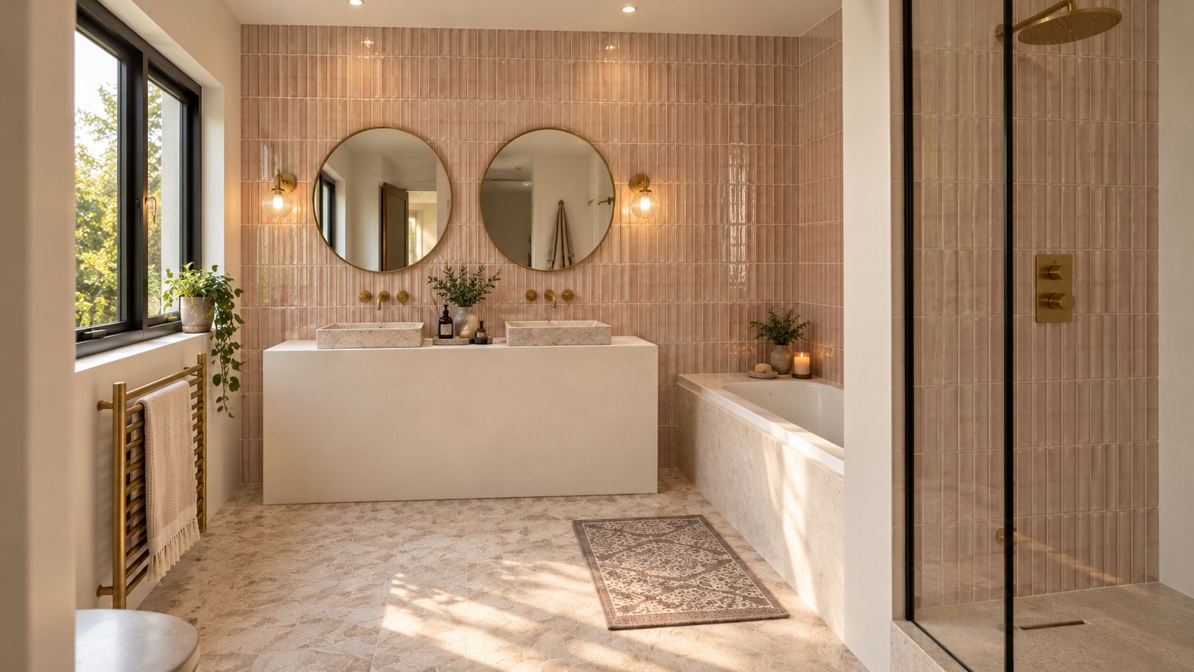 Bathroom with pink vertical tiles, twin stone basins and round brass mirrors, image 6 of 9