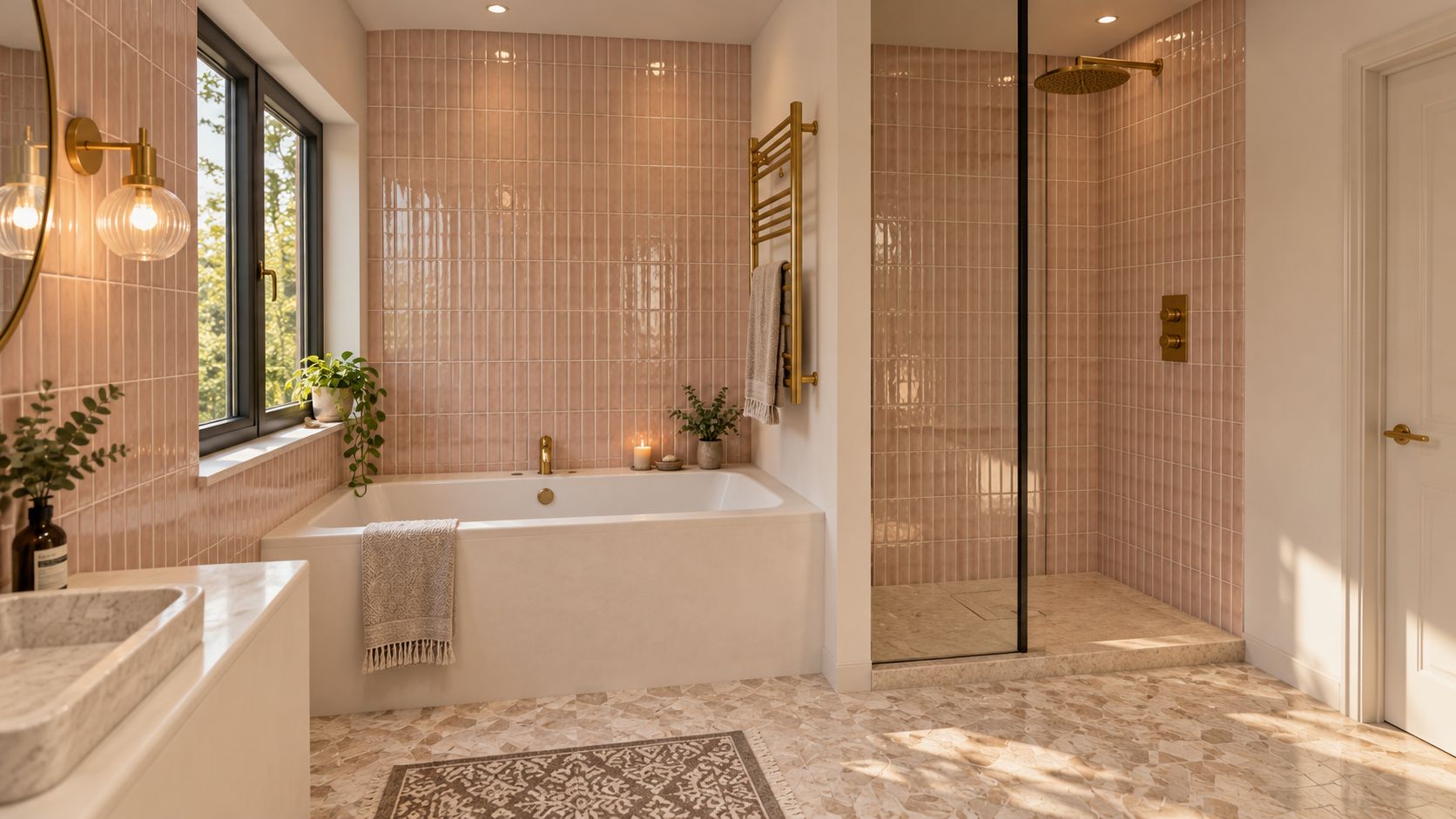 Bathroom with pink tiles, a built-in bath and a walk-in shower, image 7 of 9