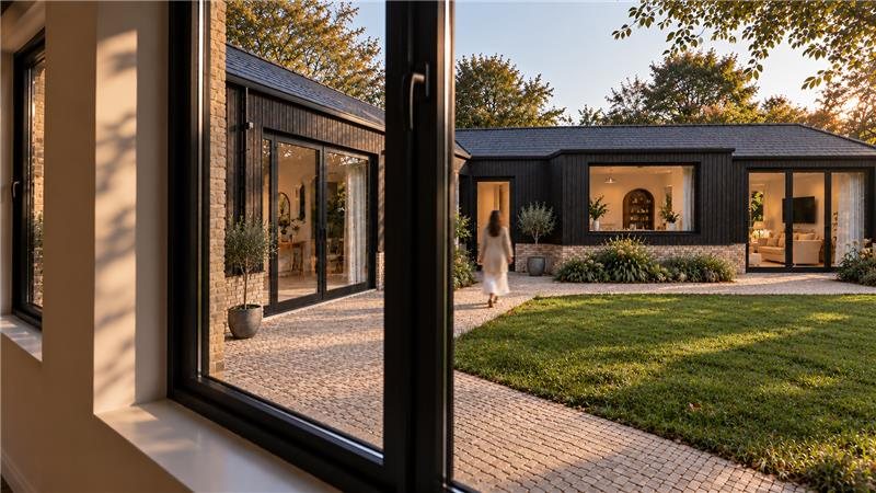Courtyard view through a window to a single-storey house clad in black timber, with a lawn and paved path, image 8 of 9