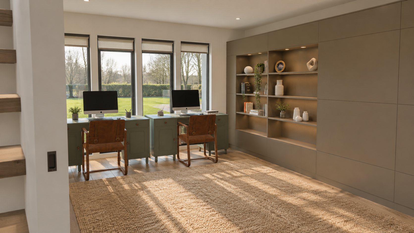 Home office with two sage green desks, tall windows onto the garden and built-in shelving, image 9 of 9