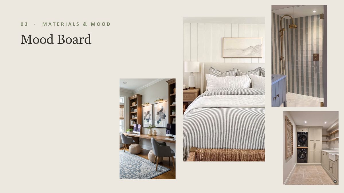 Mood board of a study, bedroom, shower room and utility room in soft greys and natural timber, image 1 of 4