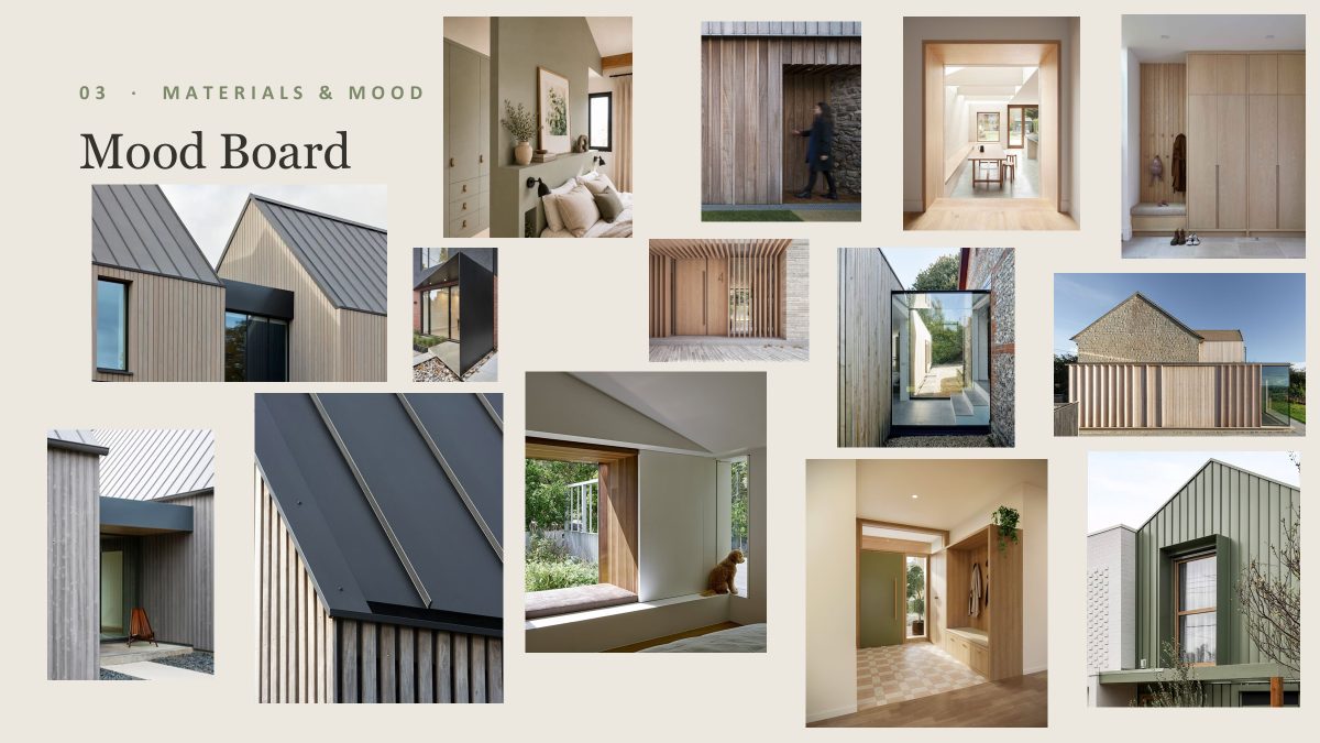 Mood board of timber cladding, standing-seam metal roofs and oak joinery, image 2 of 4