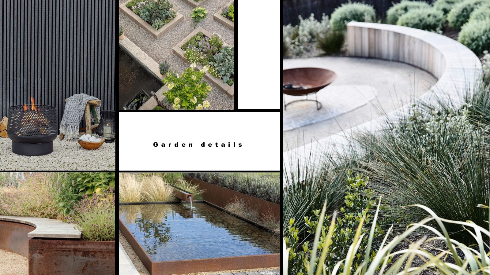 Garden details mood board with a fire pit, raised beds, weathering steel and a reflecting pool, image 3 of 4