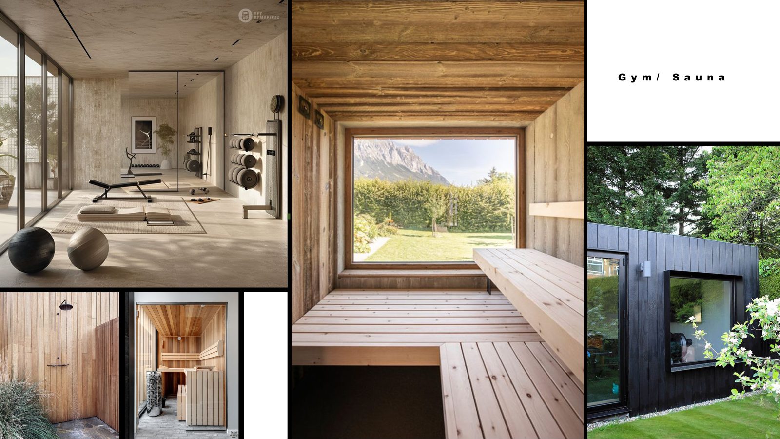Gym and sauna mood board with timber-lined sauna and black-clad garden room, image 4 of 4