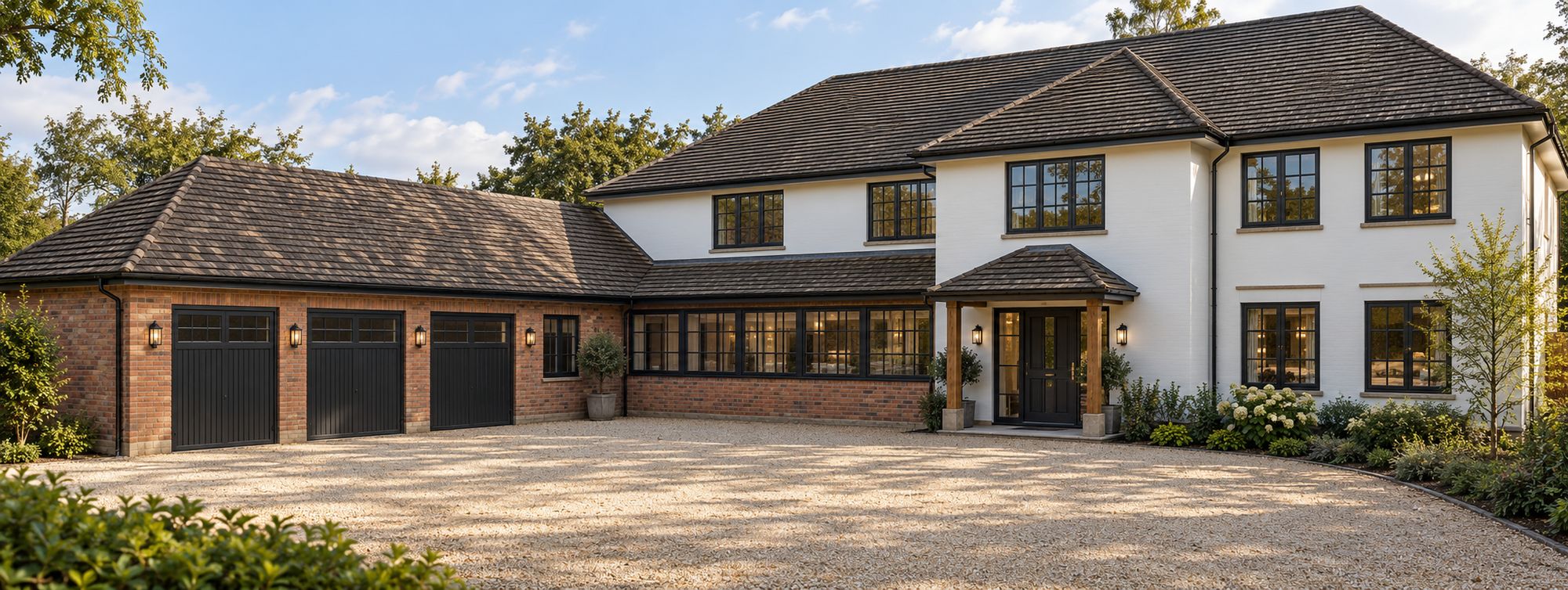 White-rendered house with a brick garage wing and gravel drive, image 1 of 6