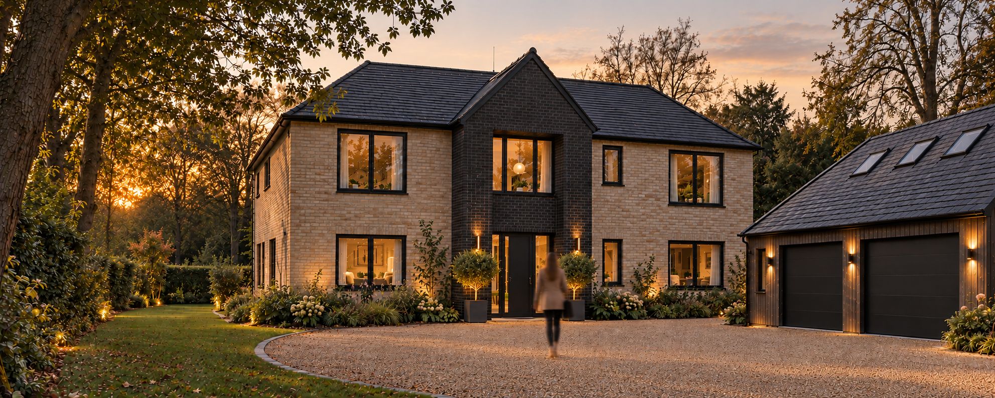 Brick house with a dark brick entrance bay and garage at dusk, image 2 of 6