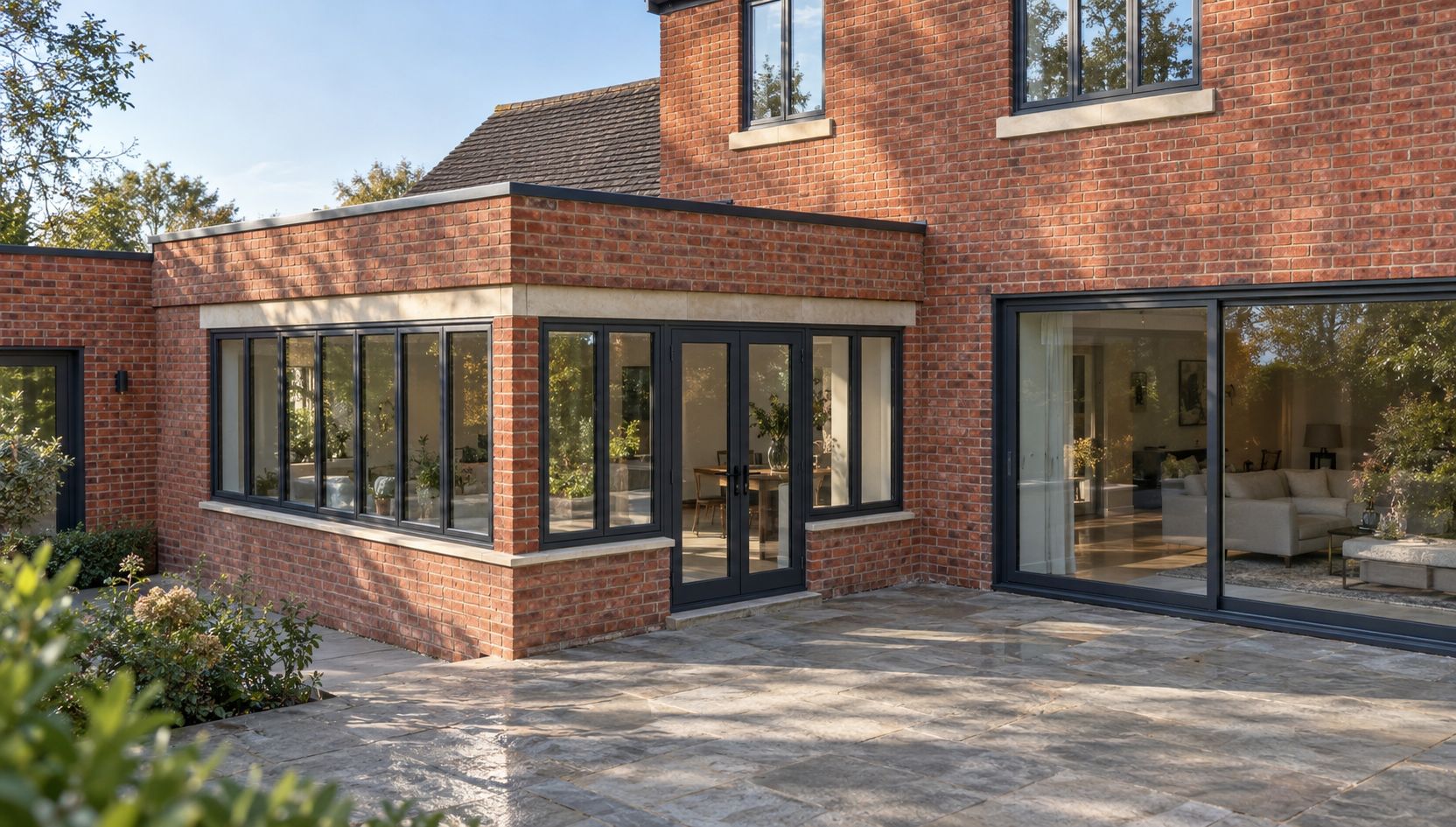 Brick rear extension with slim black glazing and a stone terrace, image 3 of 6