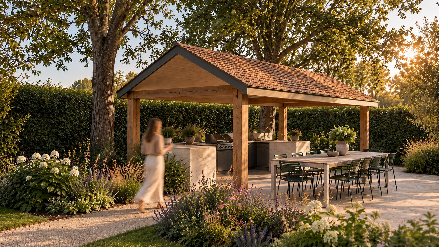 Timber garden pavilion with an outdoor kitchen and dining table, image 4 of 6