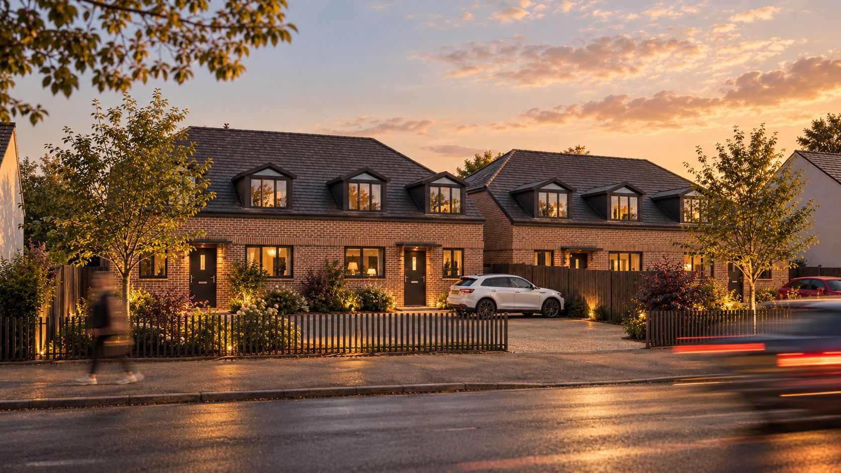 Pair of brick semi-detached houses with dormers at sunset, image 5 of 6